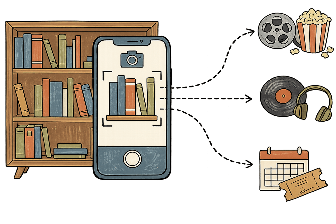 Bookshelf with phone scanning books, arrows pointing to movie reel, vinyl record, and calendar illustrations